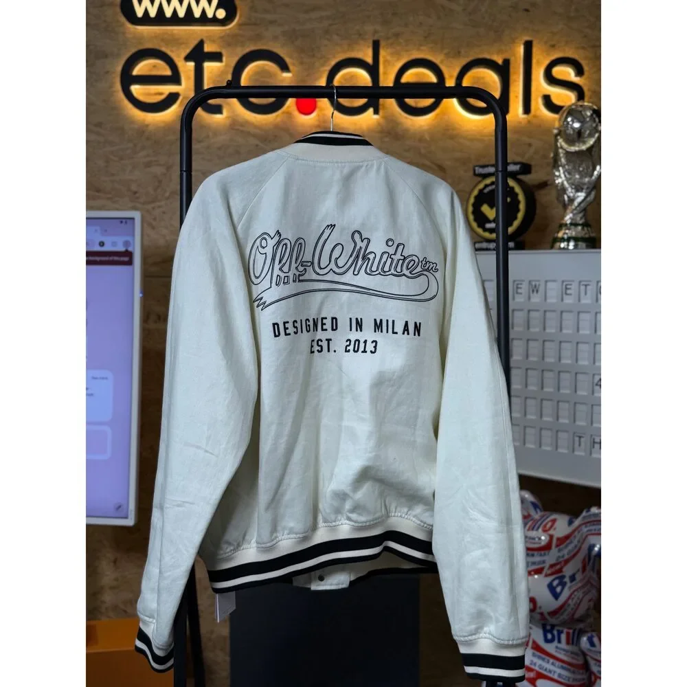 Off-White Souvenir Logo Embroidered Linen Varsity Jacket 52 – White / Black